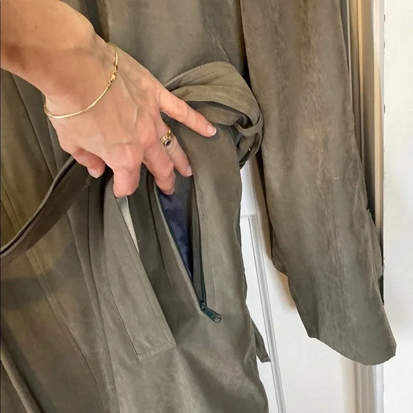 London Fog Men's Olive Army GreenTrench Coat Single Breasted Faux Suede Style - Picture 4 of 16